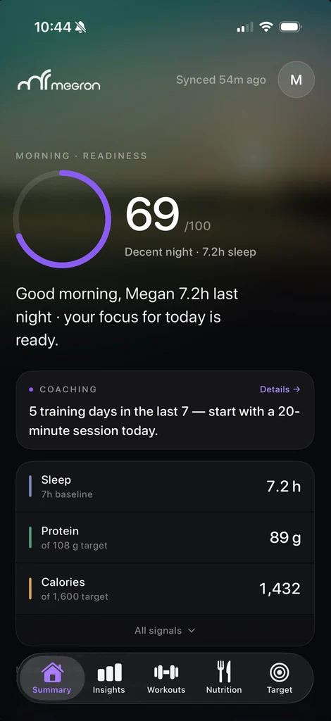 Megron summary screen — daily readiness, coaching, and key health signals