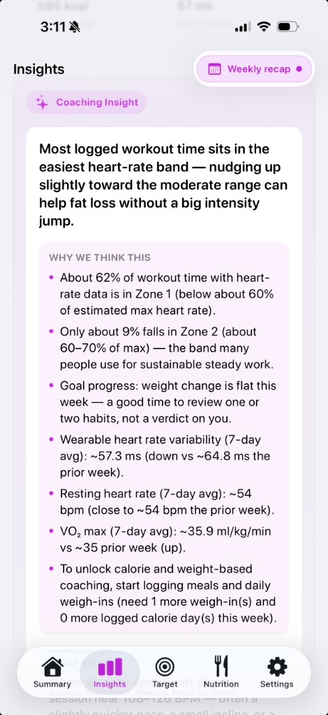 Megron insights screen — coaching insight on heart-rate zones