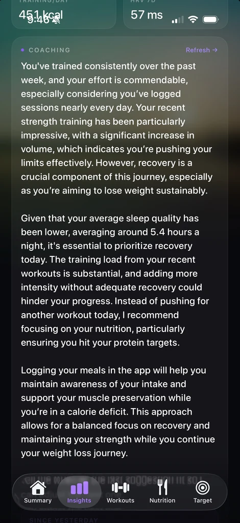 Megron insights screen — personalized coaching based on training, sleep, and nutrition
