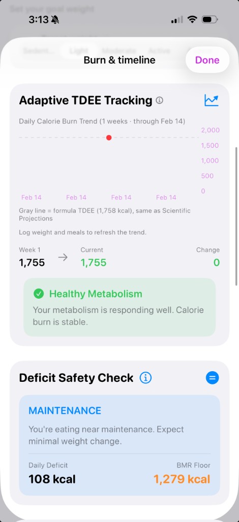 Megron adaptive TDEE tracking and deficit safety check