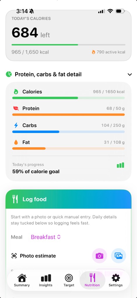 Megron nutrition screen — calories, macros, and log food