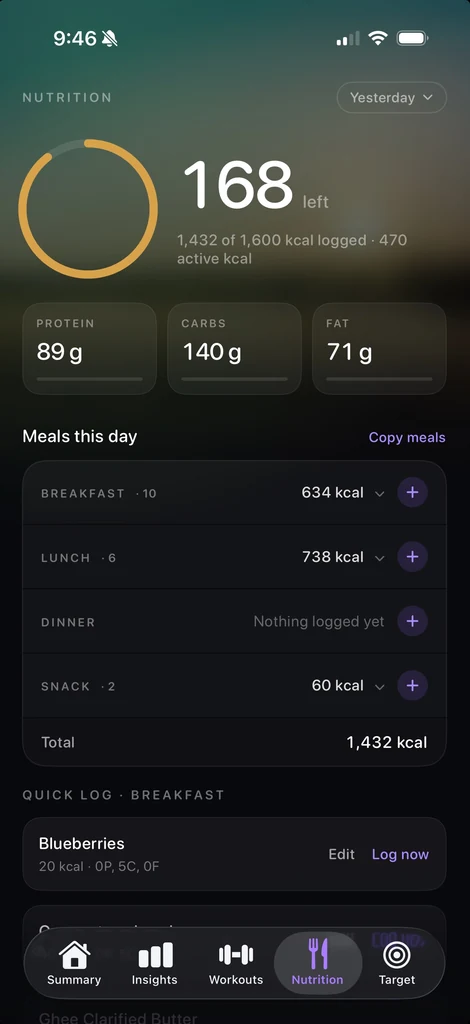Megron nutrition screen — calories, macros, and log food